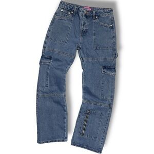 Edikted Dollskill Blue Denim Cargo Jeans Sz M Pants Multi Pocket Wide Leg Zipper
